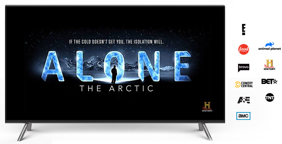 Television with channel logos on the side of the screen